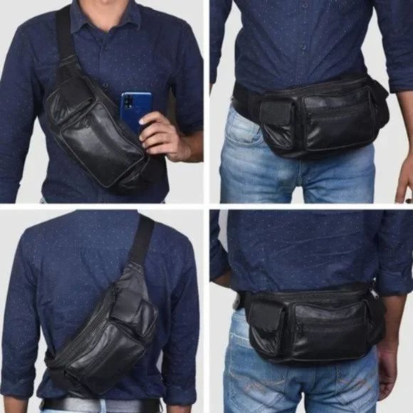 New Men's Genuine Leather Fanny Pack Black - Picture 3 of 9